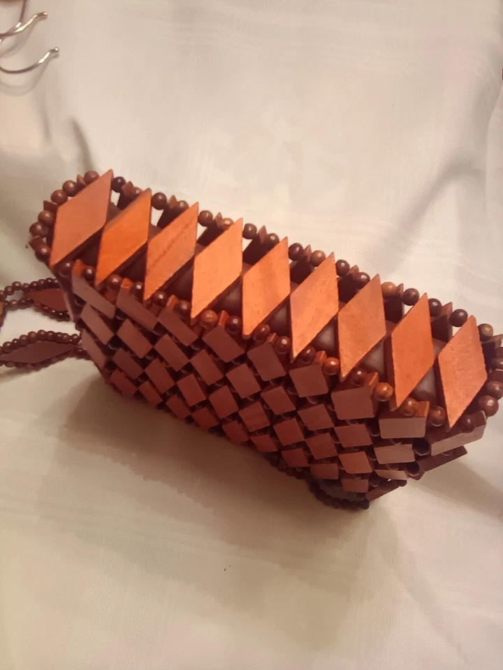 Винтажный 1970-х деревянные бусины бриллиант в форме дерева над искусственной кожи коричневая молния - Изображение 4 из 4