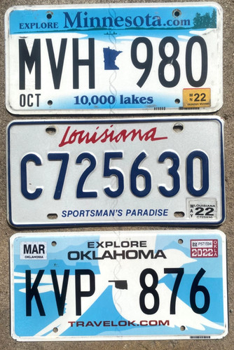 Lot of 3 expired 2022 license plate plates - Oklahoma + Minnesota + Louisiana