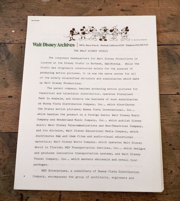 Vintage Walt Disney Archives The Studio Historical Document 1980s