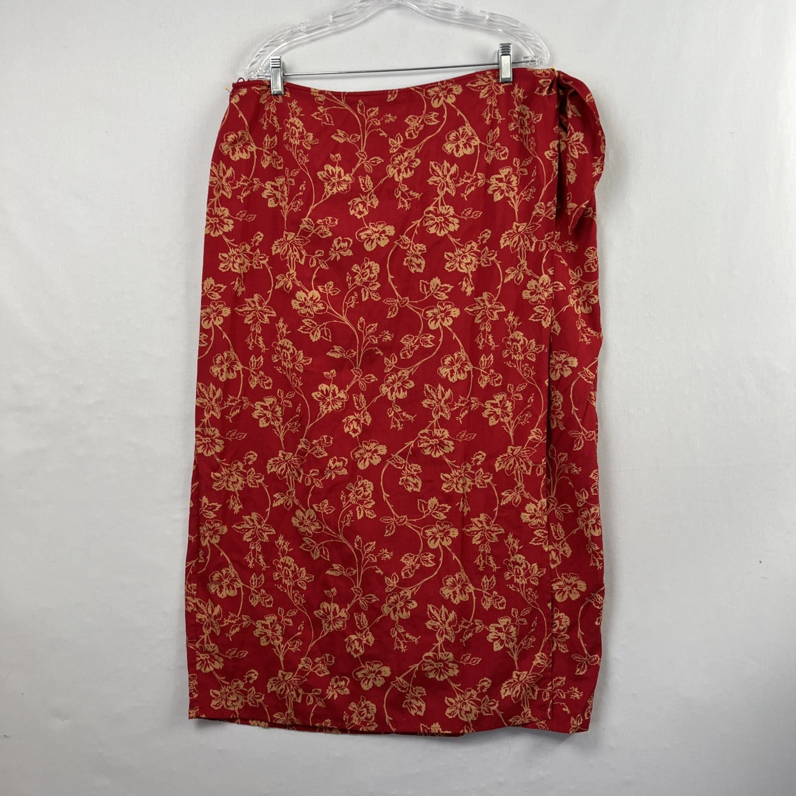 LRL Ralph Lauren Midi Wrap Skirt Womens 20W Silk Linen Floral Red Tan Casual