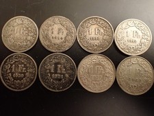 Eight (8) SWITZERLAND 1 FRANC SILVER LOT 1880 1886 1910 1912 1920 1921 1928 1963