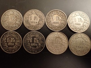 Eight (8) SWITZERLAND 1 FRANC SILVER LOT 1880 1886 1910 1912 1920 1921 1928 1963
