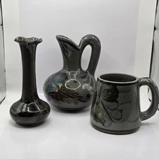 Tonala Set Of 3 Mexican Pottery Pitcher , Vase &Mug Handpainted Signed Vintage