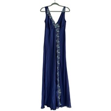 COEMI Vintage Silk Slip Dress Women L Blue Satin Floral Embroidered