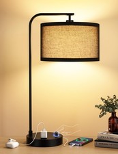 Black Tall Table Lamp with USB Port and Outlet, Dimmable Nightstand Bedside Lamp