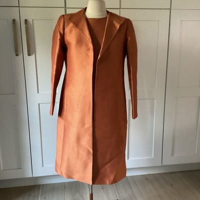 Linda Allard Ellen Tracy Two Piece Set Womens 10 Ginger Silk Dress Coat Formal