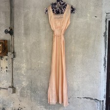Vintage 1930s Pink Rayon Satin Slip Dress Bias Cut Floral Lace Bodice Maxi Gown