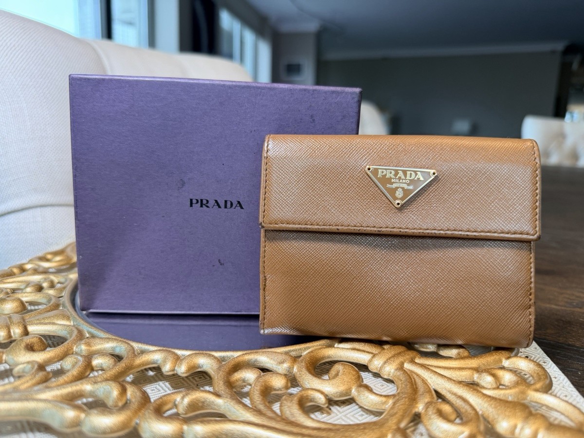 🤎Authentic Prada Tessuto Leather Flap Wallet Brown Triangle Logo