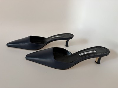 Manolo Blahnik Moiramu Navy Blue Leather Mules Kitten Heel Size 41.5 NIB US 11.5