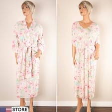 Vtg MISS ELAINE Waffle Knit S Pink Floral Jacket Nightgown 2 PC Set Belt NWT