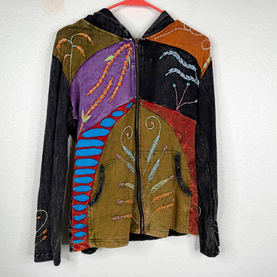 Rising International Jacket Hoodie Multicolor Sz L Patchwork Artsy Boho Hippie