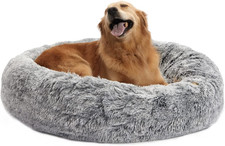 Large Calming Donut Dog Bed - 36" Plush Anti-Anxiety, Machine Washable, Grey