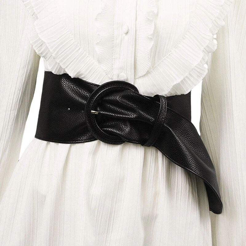 Women Round Pin Buckle Faux Leather Wide Belt Dress Corset Waistband One Size - Image 2 of 4