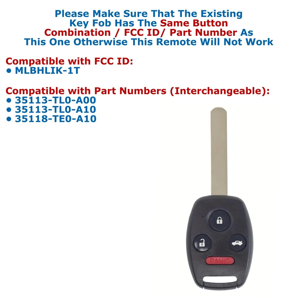 2x Nuevo Mando a Distancia Llavero Repuesto Para 08-12 Honda Accord Cupé 2 Puertas MLBHLIK-1T Foto 2 de 4