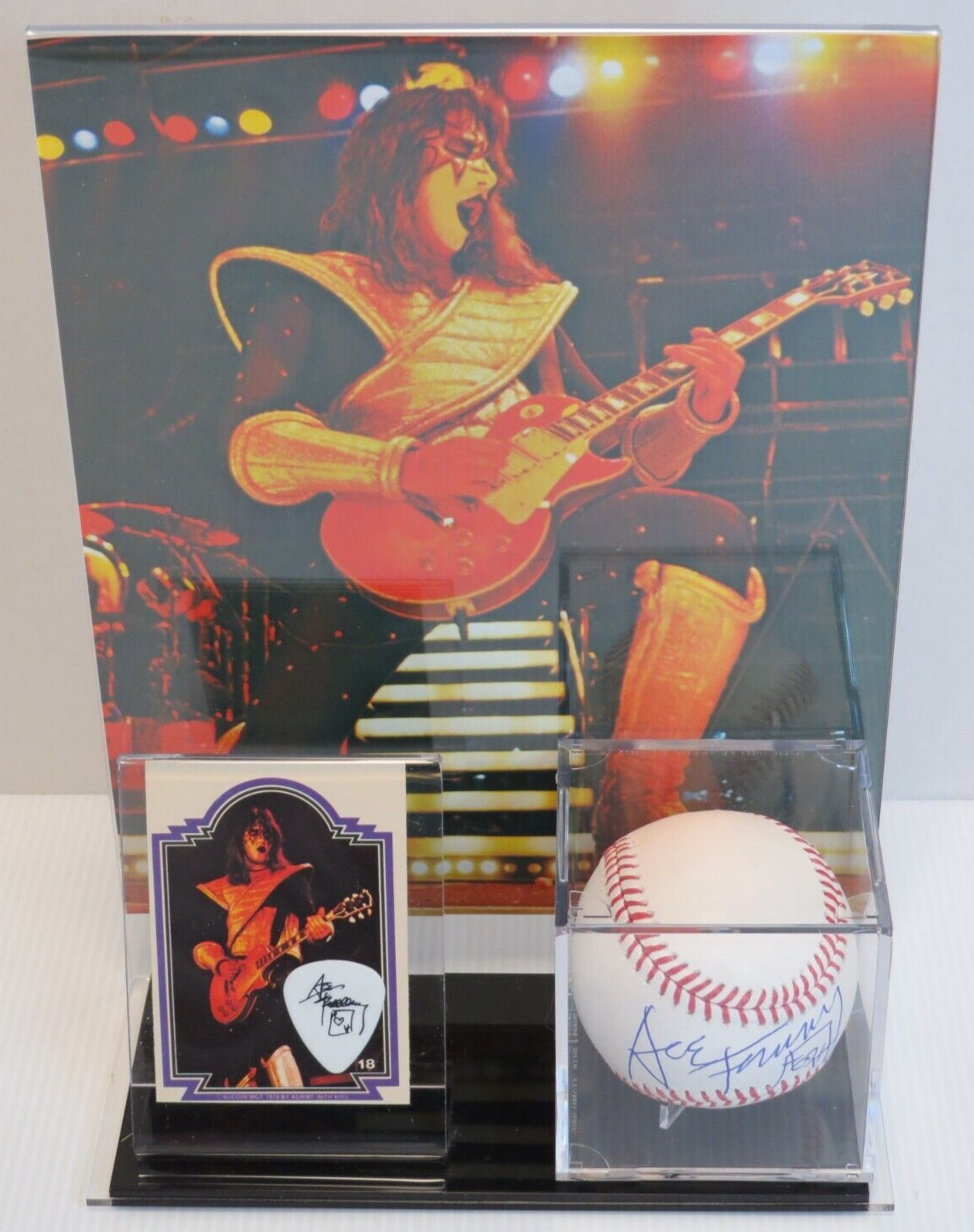 KISS ACE FREHLEY AUTOGRAPH BASEBALL DISPLAY & PHOTO GUITAR PICK & DONRUSS CARD