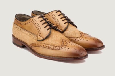Men's Handcrafted Two-Tone Beige Suede & Leather Oxford Brogue Wingtip Shoe 7-17