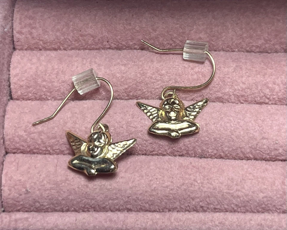 Hermosos pendientes de alas de ángel querubín de oro amarillo de 14k .6G 13,6 mm 585 Foto 4 de 4