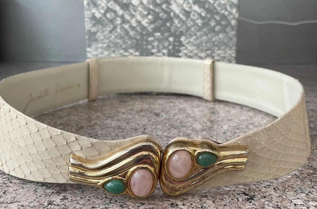 Judith Leiber Semi Precious  Jeweled Cream Adjustable Belt One Size Style Judith Leiber Belt Vintage Cream Leather with Gold Clasp  main image 3