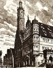 Engraving 20th Century Romantic Landscape German Town Hall Rothenburg Medieval Town