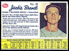 1962 POST BASEBALL CANADIAN #31 JACKIE BRANDT EX-NM BALTIMORE ORIOLES CARD