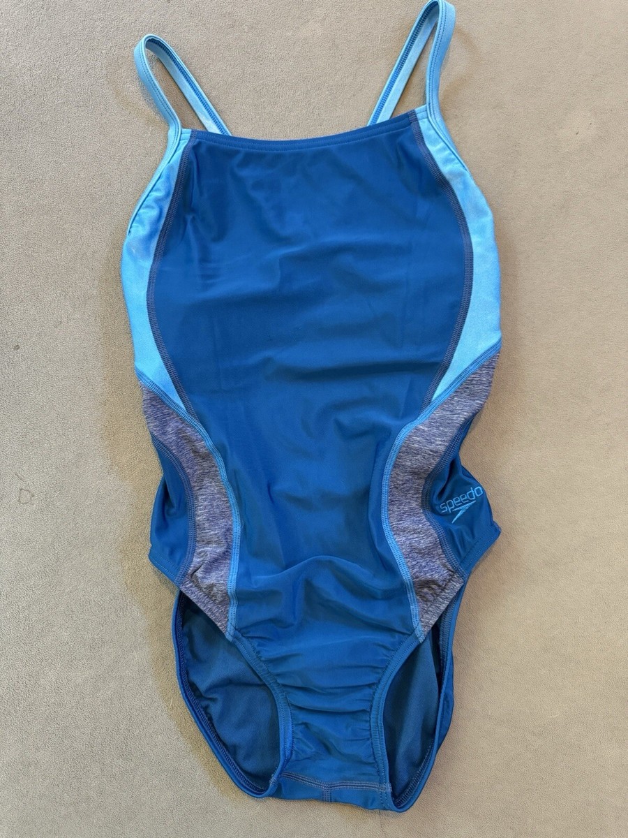 Speedo Pro LT Flyback Solid One Piece Blue Teal Gray Swimsuit