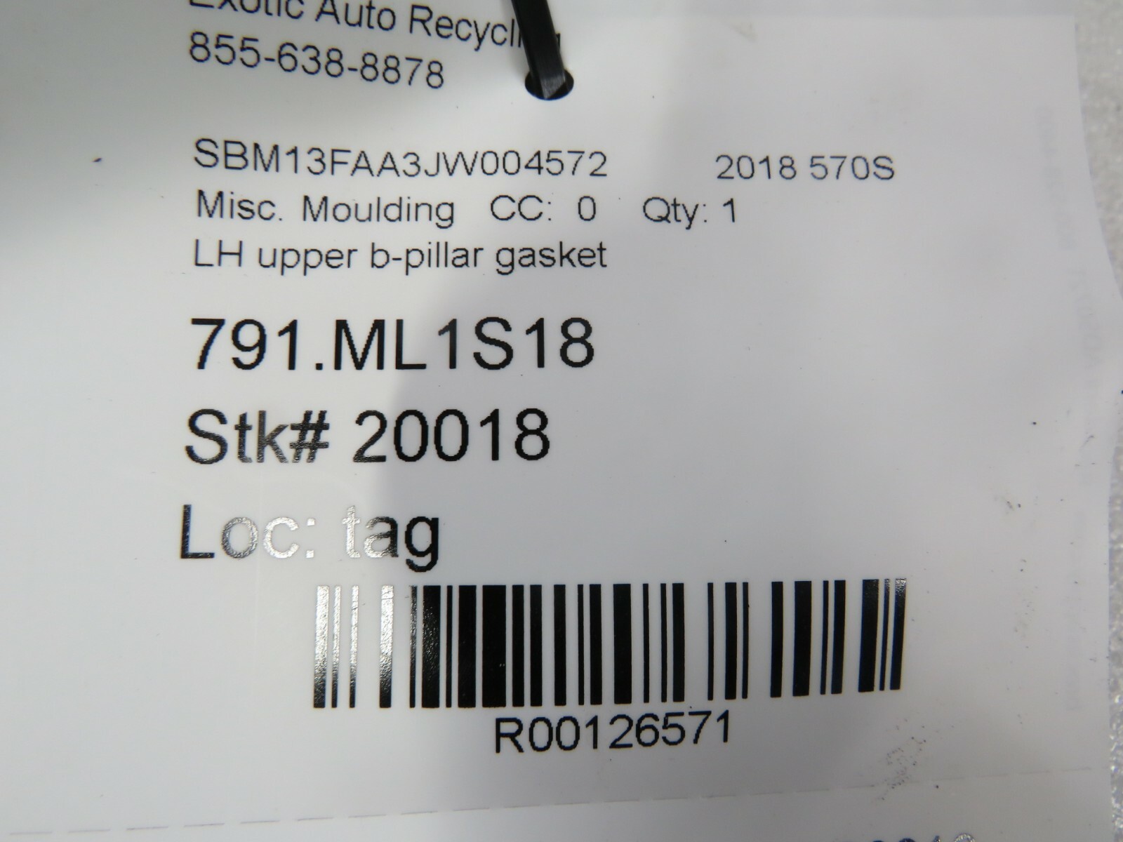 Mclaren 570s, LH, Left, Upper B-Pillar Gasket, Used
