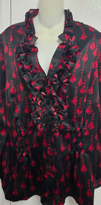 WORTHINGTON Woman Top Blouse Shirt Frills V-Neck Long Sleeve Black Red Size 3X