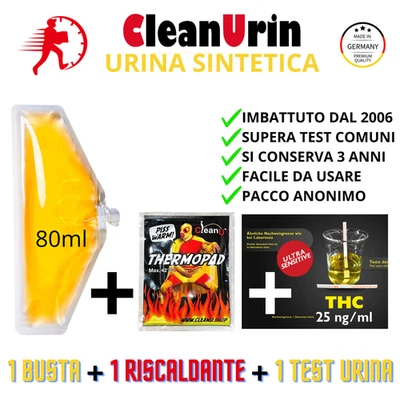 Clean Urin 🚨 URINA SINTETICA 1 BUSTA 80ml + 1 RISCALDANTE + 1 TEST URINA THC 🔬