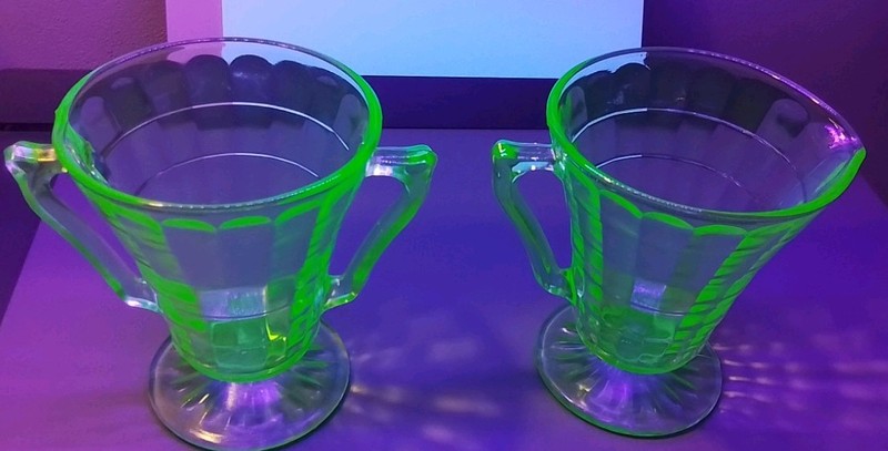 Uranium Green Glass Cream And Sugar Set with handles Mint Condition