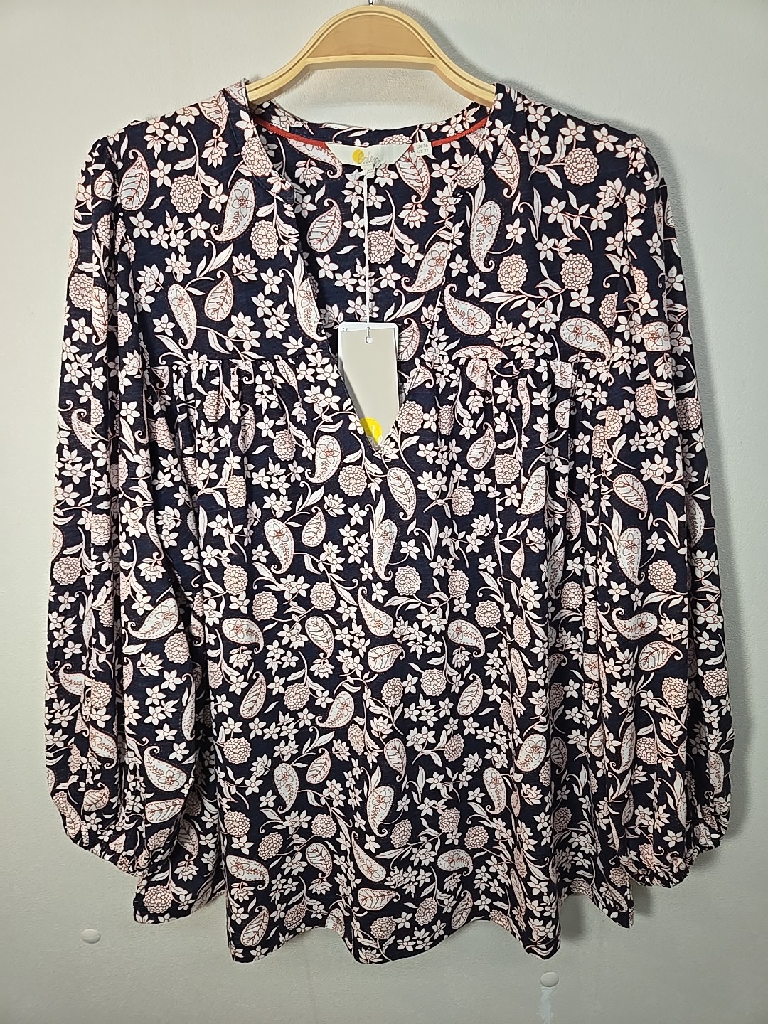 NWT Boden Soft Cotton Floral Blouse Size 12 Navy Red 3/4 Sleeve V Neck