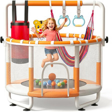 55" Kids Indoor Trampoline with Safety Net, Adjustable Gymnastics Bar  Toys   I