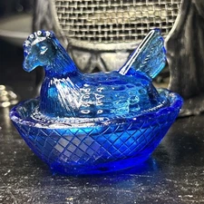 Cobalt Blue Glass Hen on Nest/Basket Salt Cellar, 2 pieces, 2 1/2" x 2" Vintage 