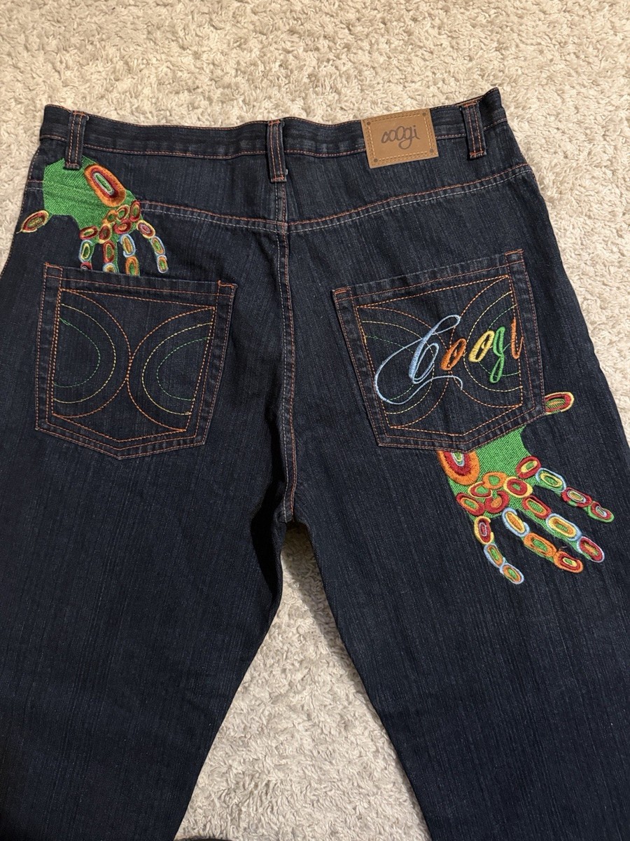Coogi Embroidered Dark Blue Cotton Denim Straight Jeans 5-Pocket