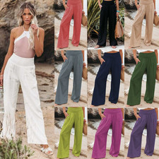 Summer Ladies Cotton Linen Loose Plain Wide Leg Pants Casual Trousers Plus Size