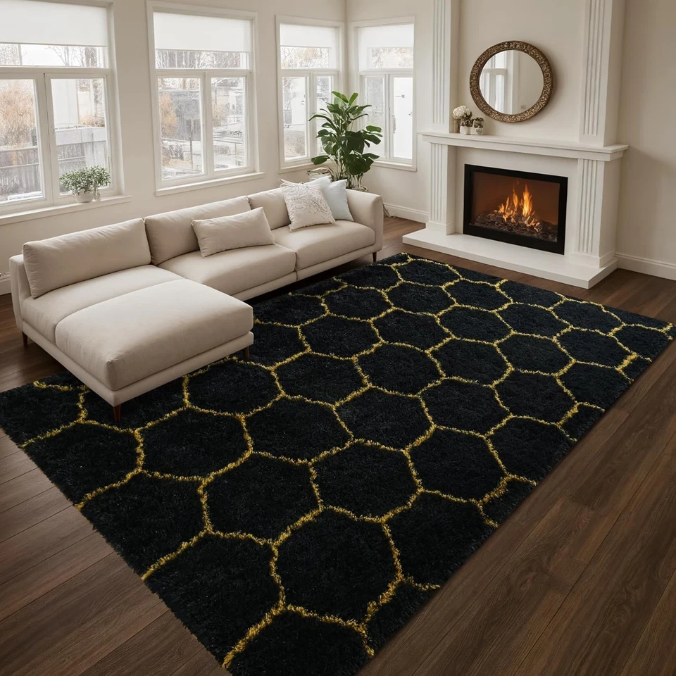 优雅的 5x8 Shag 小地毯黑色和金色 - 柔软耐用无脱落设计 — 第 4/4 张图片