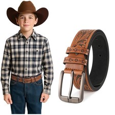 Boys Western Leather Belt Engraved Kids Cowboy Belt with Pin Buckle for Jeans...