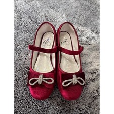 Mary Jane Red Velvet Girls 3 Dress Shoes Crystal Bow Embellished Buckle