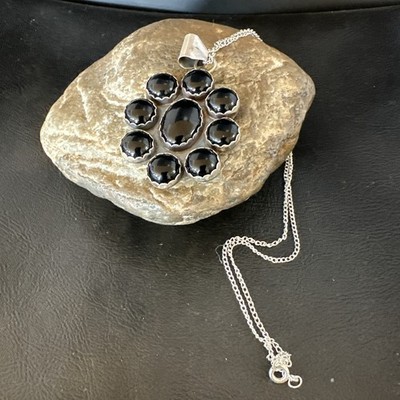 Womens Cluster Navajo Sterling Silver Black Onyx Necklace Pendant 20  20013