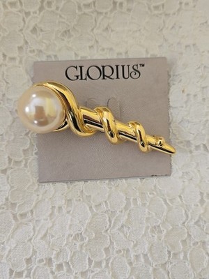 Vtg  Goldtone 80 s  Statement Brooch Pin Faux Pearl N O S GLORIUS