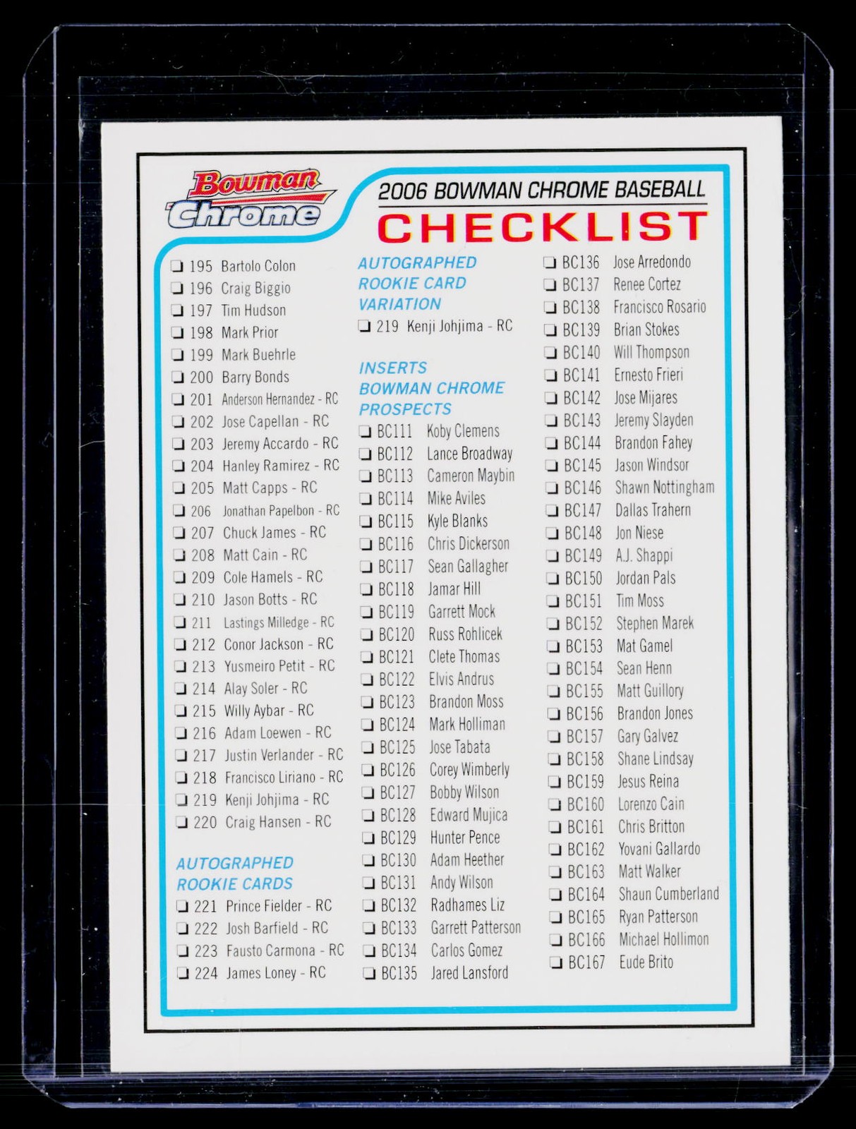 2006 Bowman Chrome #2 Checklist 2: 195-224 and Prospects Checklists BS153