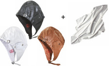 CUFFIA CASCO VINTAGE IN PELLE EPOCA PER MOTO AUTO AUTISTA EPOCA  FOULARD BIANCO