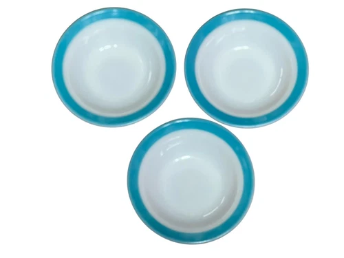 Set of 3 VTG 5 1/2" DESSERT BOWL PYREX BLUE BAND Milk Glass Turquoise Aqua Rim