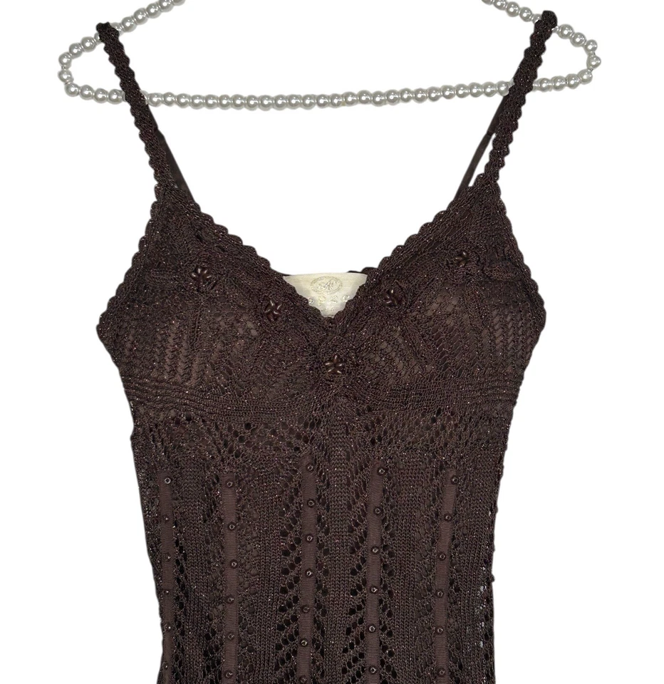 Vestido sin Mangas Aspeed Babydoll Crochet XS Y2k Boho Chic Marrón Con Cuentas Midi Fiesta Baile de graduación Foto 3 de 4
