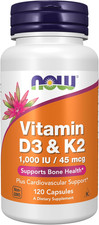 NOW Supplements, Vitamin D-3  K-2, 1,000 IU/45 Mcg,Plus Cardiovascular Support 