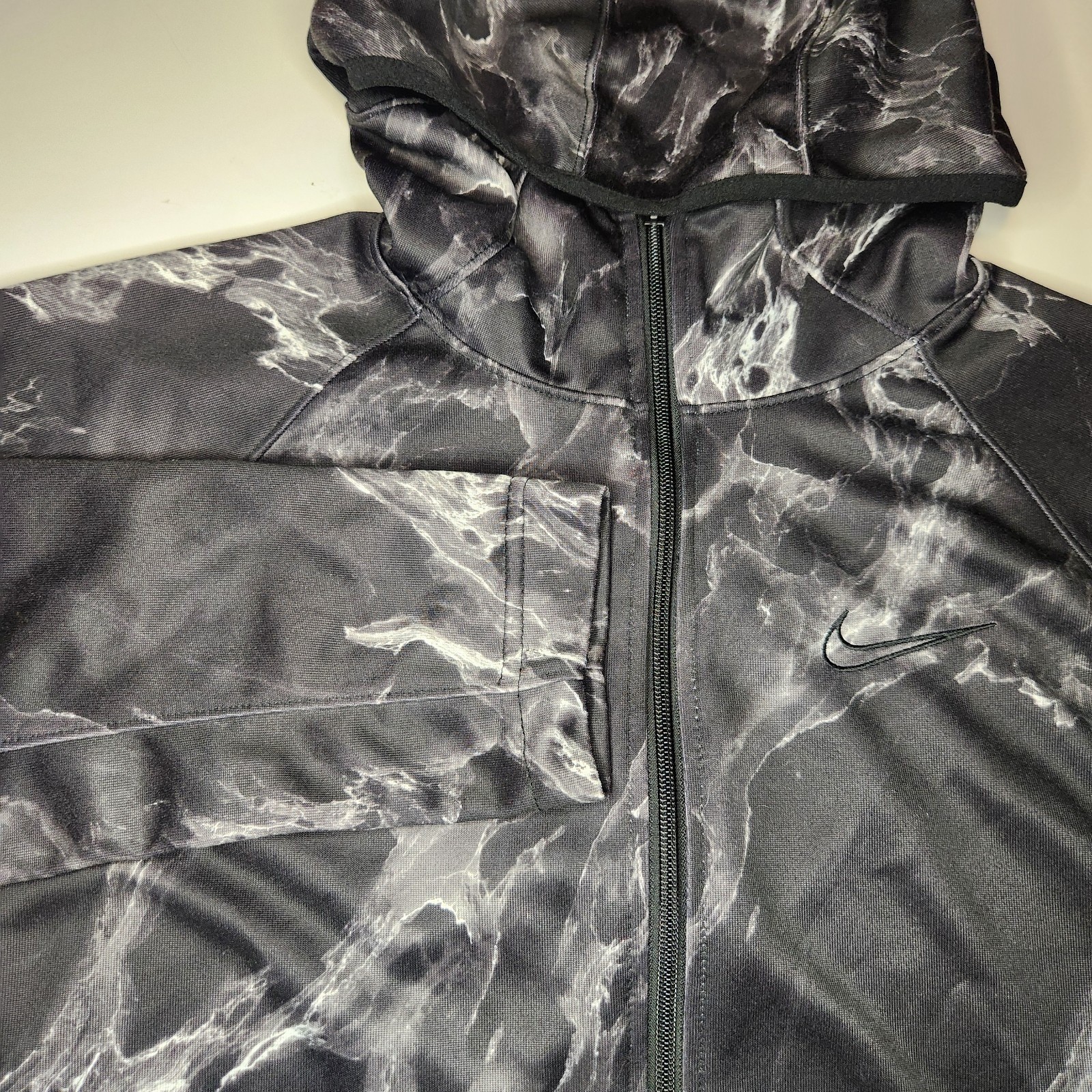 NIKE Hoodie Track Jacket Mens Medium Black Gray Dri-FIT Full Zip Marble Smokey