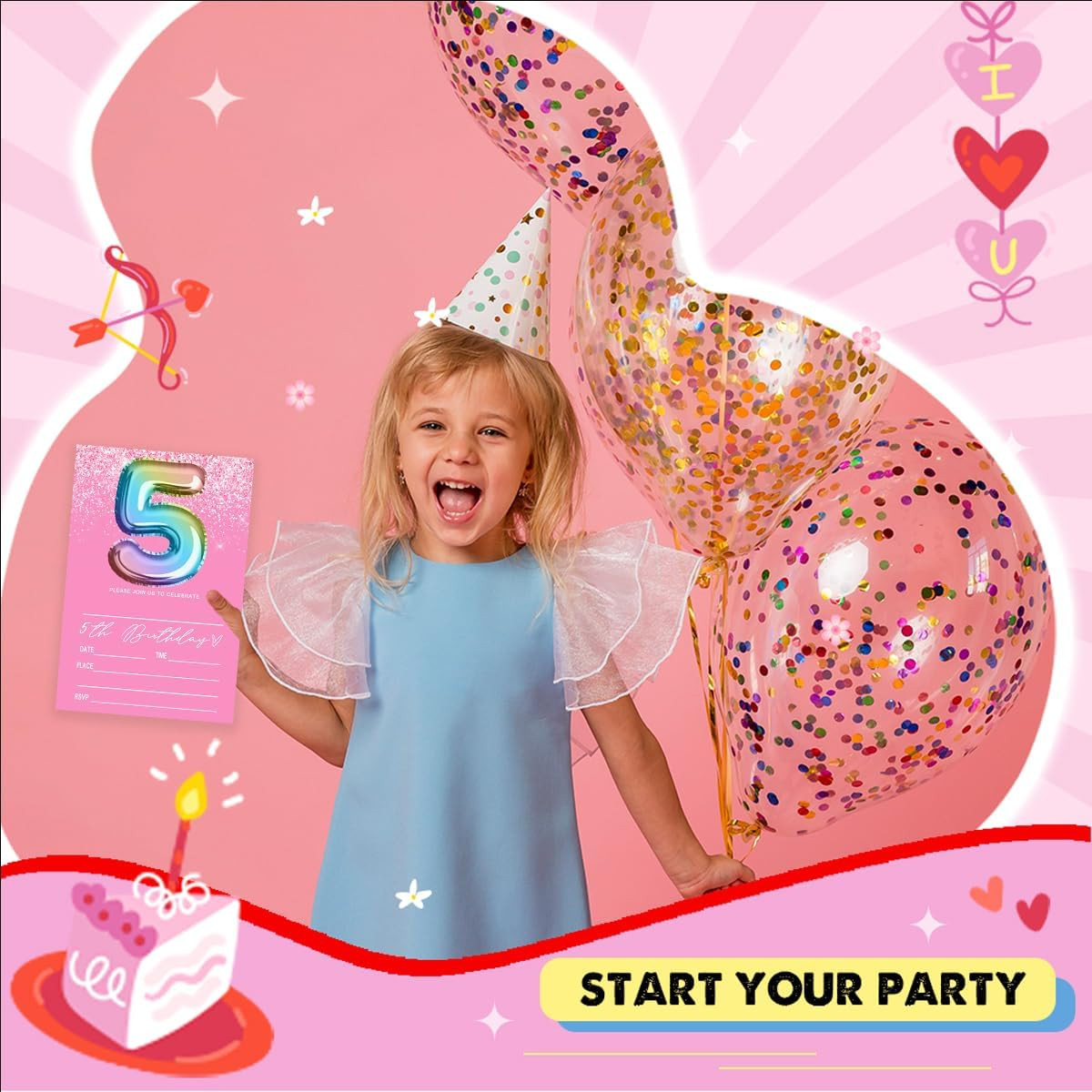 Pink 5th Birthday Invitation for Girls 20 Pieces Glitter Birthday invitation Rai