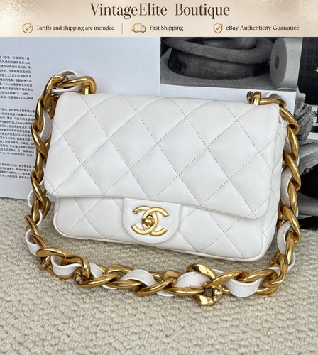 Chanel Classic Flap Mini White Leather Gold HW Shoulder Bag Authentic Preowned