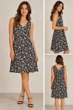 Womens Black White Flowered ANN TAYLOR LOFT Sleeveless Linen Blend Dress Small