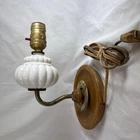 VTG Milk Glass Electric Wall Mount Sconce Wood Base Arm Works Needs Cleaning
