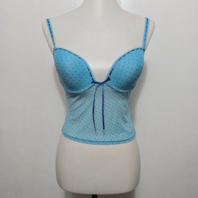 Donna Loren Blue Polka Dot Mesh Corset Cami Top Size M Y2K